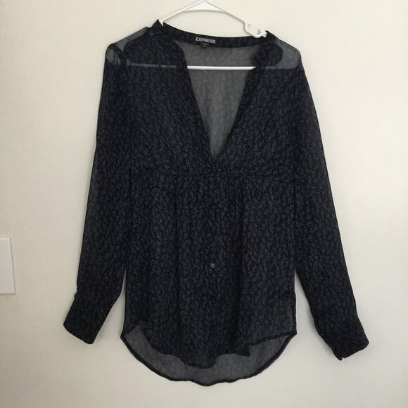 Express Womens Long Sleeve Floral Black and Blue Sheer top sz S - Picture 1 of 7